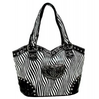 Animal Zebra Print Tote Bags w/ 3-Heart Charm - White - BG-127HZ-WT